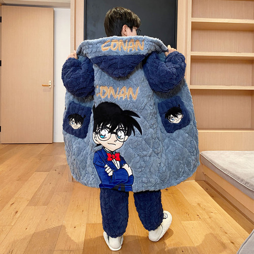 秋冬季男童三层夹棉加厚睡衣套装