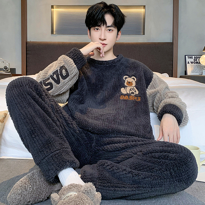 睡衣男秋冬季加厚珊瑚绒青少年