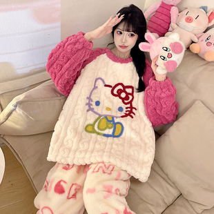 kitty猫睡衣女款秋冬季2025新款珊瑚绒加绒加厚法兰绒家居服女童