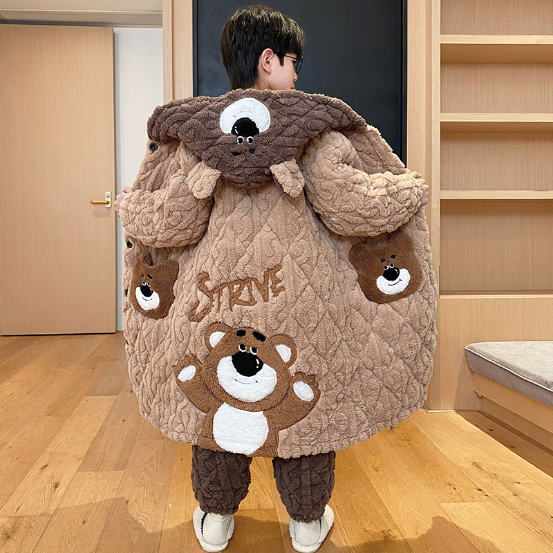 儿童睡衣男童男孩秋冬季三层夹棉加厚款2025新款加绒家居服睡袍浴