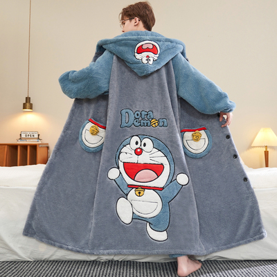 珊瑚绒睡袍男秋冬季中长款加厚