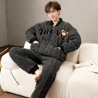 冬季睡衣男款珊瑚绒三层夹棉加绒