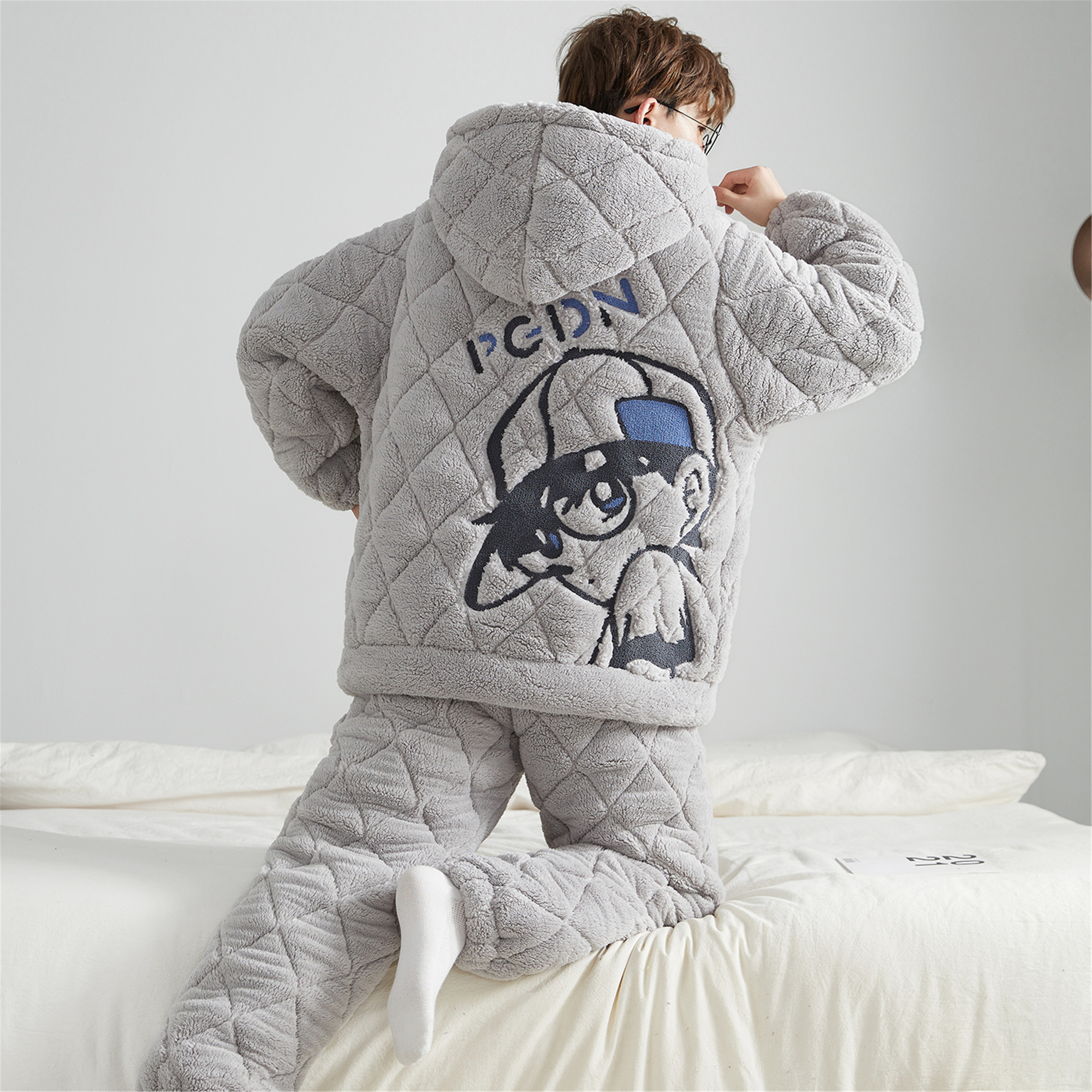 睡衣男冬季冬款三层加绒加厚保暖