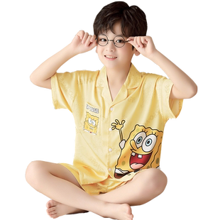 儿童睡衣男童夏季薄款短袖冰丝空调服青少年卡通凉感丝绸男孩套装