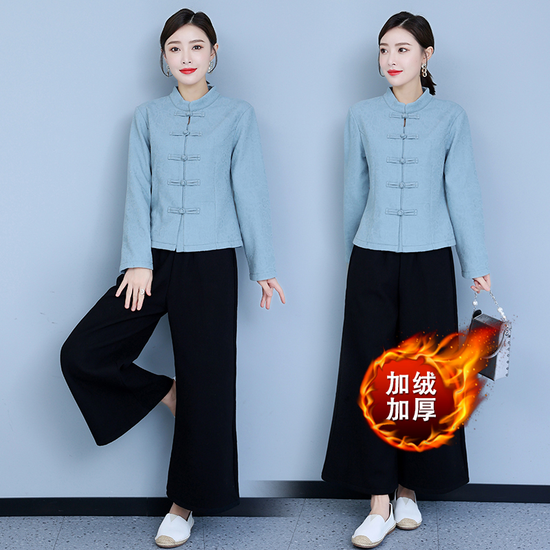 中国风加绒加厚套装禅意茶服秋冬