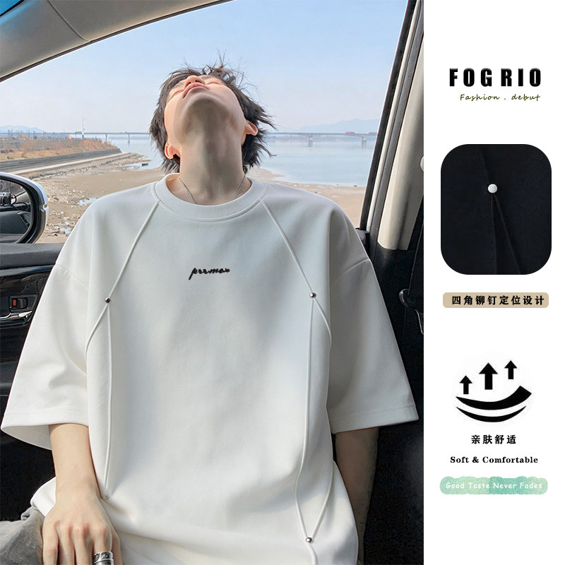 FOGRIO重磅铆钉潮牌美式简约刺绣舒适宽松透气男女同款短袖T恤
