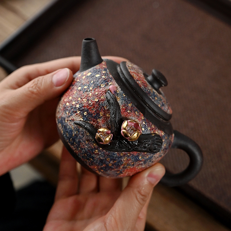 手工捏花岩矿点金茶壶球孔过滤泡茶单壶陶瓷高端茶器功夫茶具复古