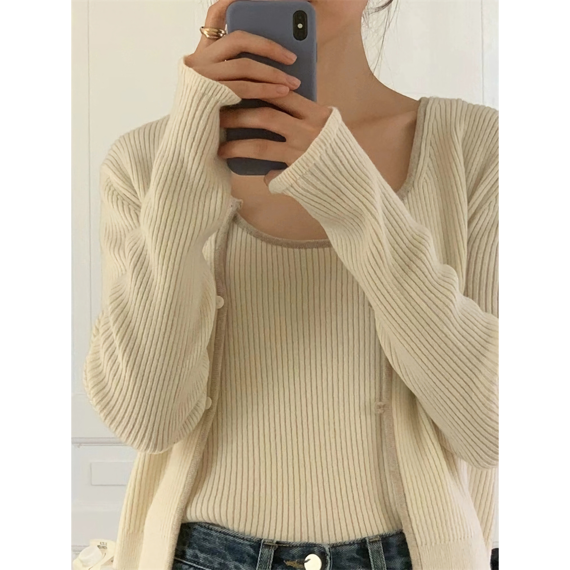 OUNCE韩国代购东大门修身外套针织开衫毛衣女新款2023秋季两件套