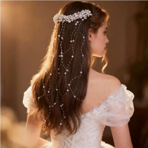 2025新娘白色珍珠流苏头纱高级感