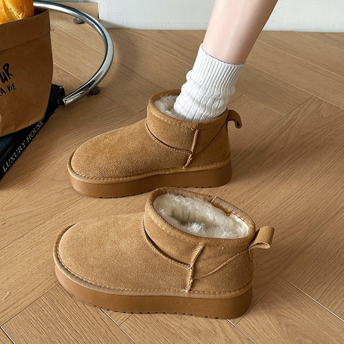 王桂花女鞋雪地靴女皮毛一体2025新款加绒增高短筒加厚棉鞋