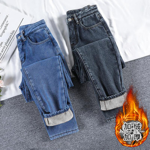 高腰宽松复古加绒加厚直筒哈伦老爹裤 秋冬季 女 女2025年新款 牛仔裤