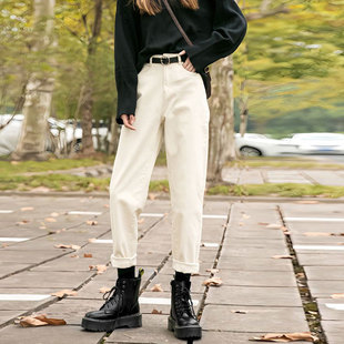 休闲九分萝卜老爹裤 杏色直筒牛仔裤 时尚 高腰显瘦哈伦裤 子潮 女新款