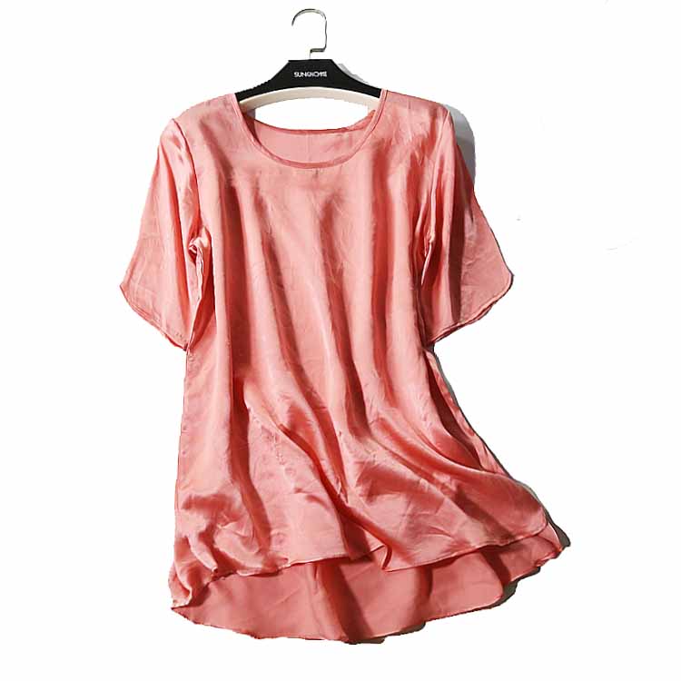 新品2018真丝大码中袖上衣印花桑蚕丝t恤圆领夏季宽松女装热卖3色