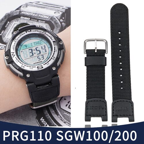 适用卡西欧PRG110表带尼龙Caio SGW100/SGW-200表带帆布军绿黑色
