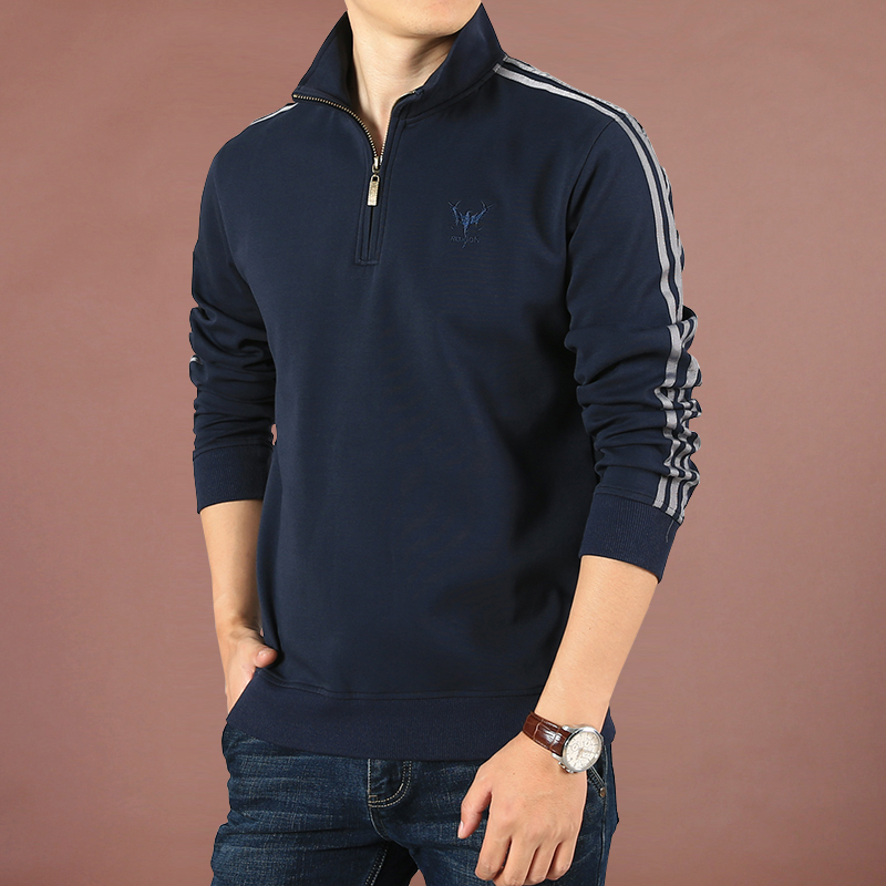 潮春秋季立领条纹刺绣半拉链T恤