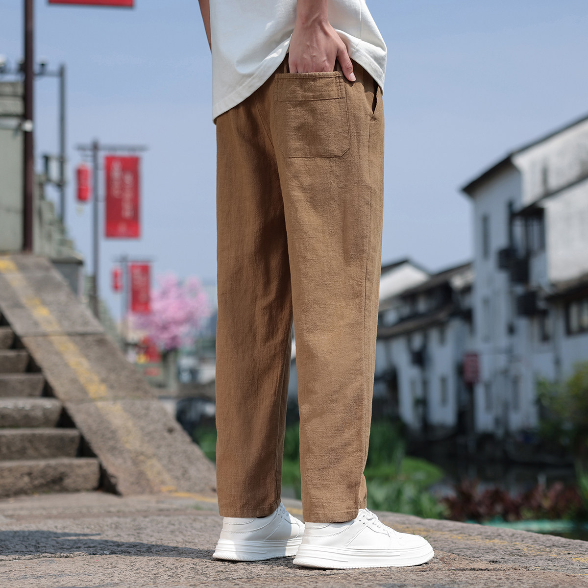 K44P75风夏季小脚九分裤直筒休闲裤棉麻宽松大码亚麻裤透气,男装休闲裤,星座704A（原B229A）