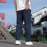 K44P75风夏季小脚九分裤直筒休闲裤棉麻宽松大码亚麻裤藏青色，男装休闲裤，星座704A（原B229A）