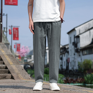 K44P75风夏季小脚九分裤直筒休闲裤棉麻宽松大码亚麻裤灰色，男装休闲裤，星座704A（原B229A）