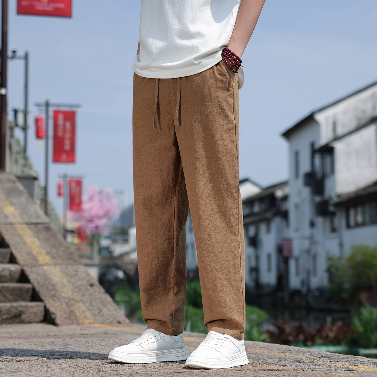 K45P75风夏季长裤直筒休闲棉麻宽松大码亚麻裤驼色,男装休闲裤,星座704A（原B229A）