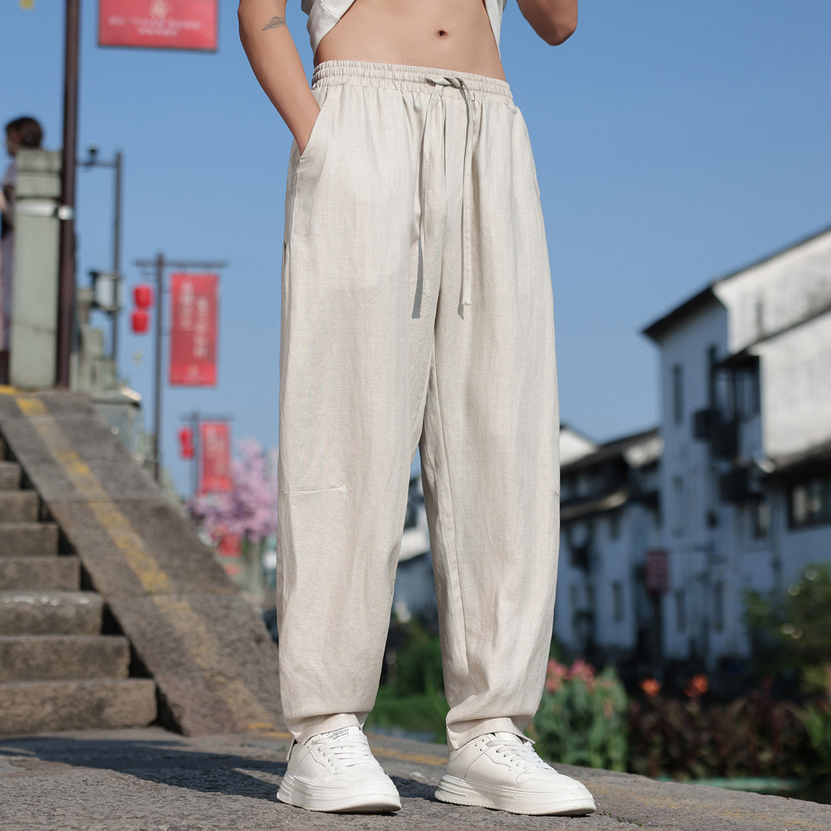K46P105夏季薄款天丝亚麻裤子男小脚开衩阔腿宽松休闲长裤麻本色,男装休闲裤,星座704A（原B229A）