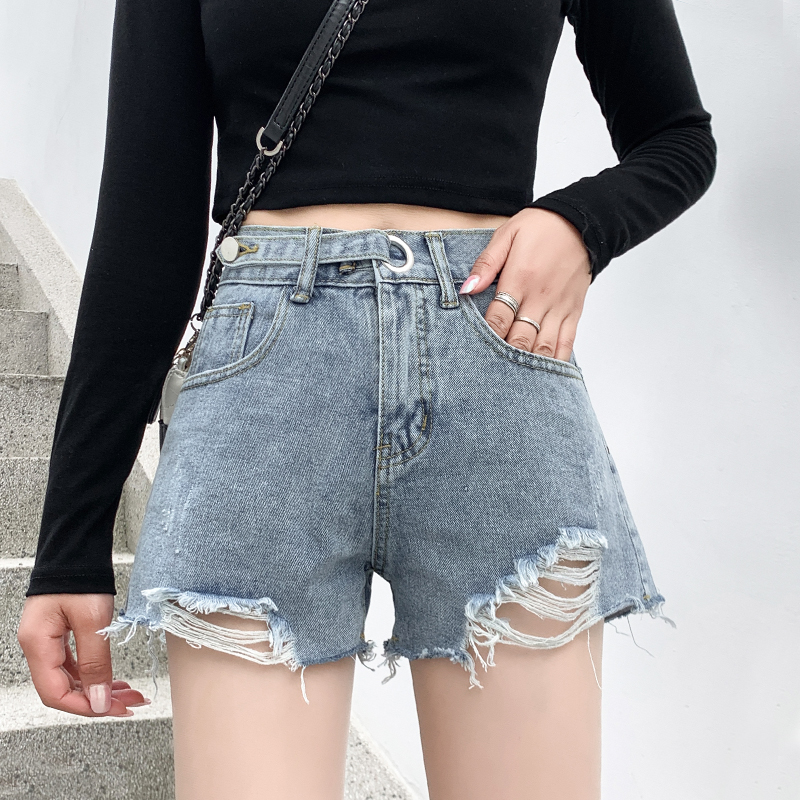 Real shot new Korean perforated Jeans Shorts loose high waist SLIM STRAIGHT pants wide leg pants women's pants