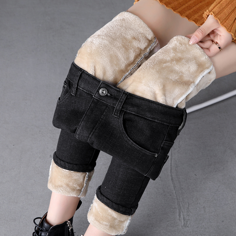 Real shot Plush jeans women's Korean version shows thin high waist, small Leggings show high nine point winter pants