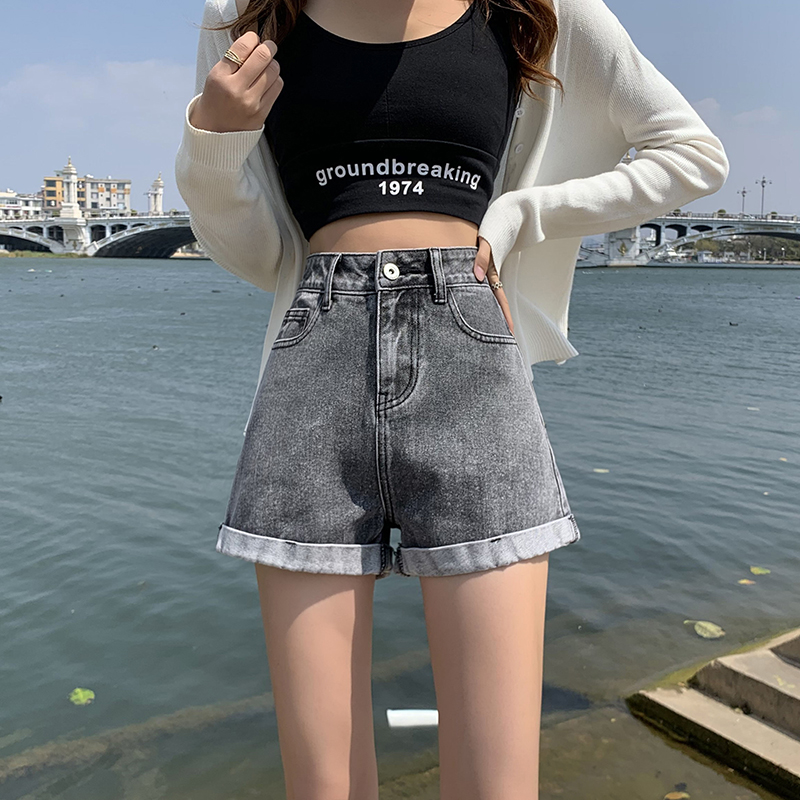 Real shot grey denim shorts women's new foreign style grey loose High Waist Wide Leg Pants spring hot pants