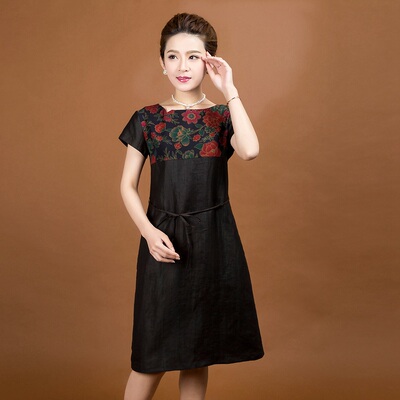 民族风妈妈装香云纱真丝连衣裙