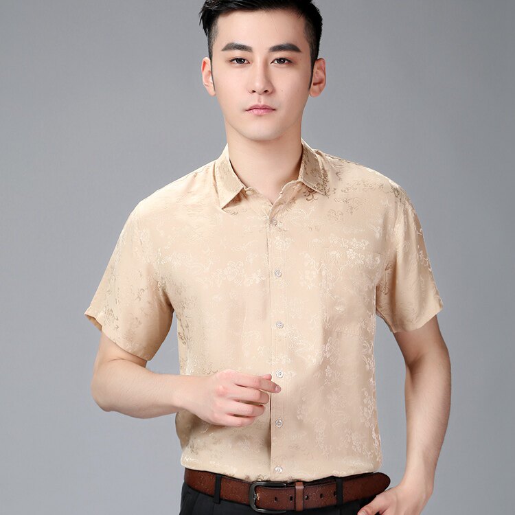 正品短袖真丝衬衫男夏装半袖男士桑蚕丝衬衣中老年丝绸上衣爸爸装