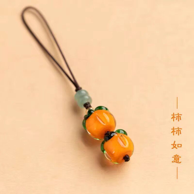 事事如意手机链柿叶有成手机绳挂件好事成双琉璃小柿子吊坠饰品