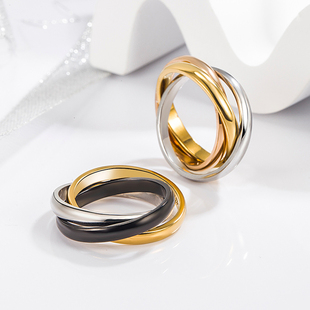 纯银925三环三色戒指男女情侣对戒18k玫瑰金指环小众时尚个性新款