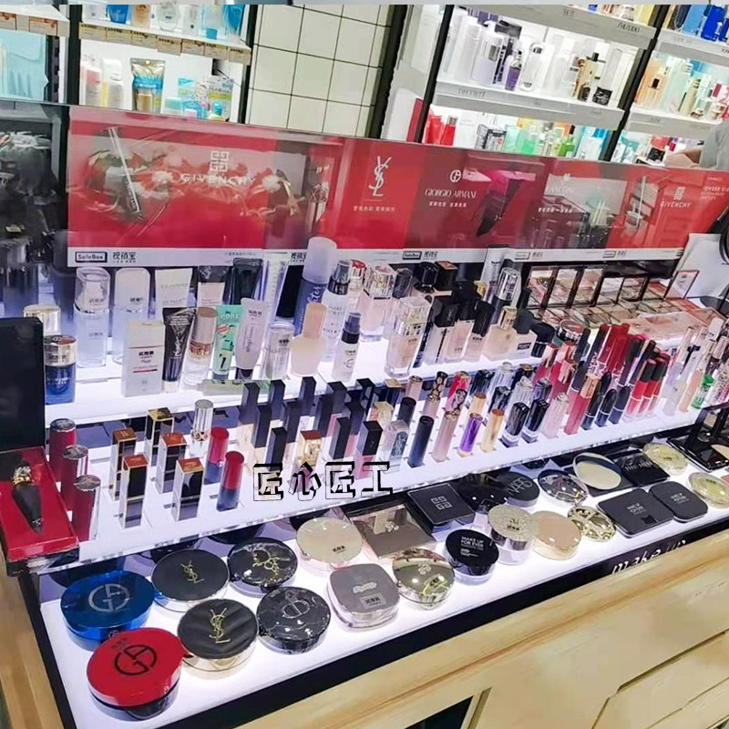 亚克力彩妆展示架粉饼气垫陈列架口红眉笔产品摆放台货柜带灯定制