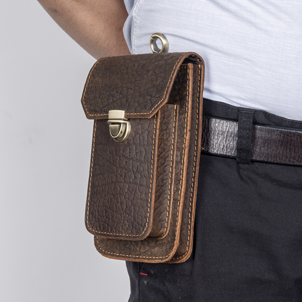 麦特斯疯马皮手机包男士新款真皮腰包男头层牛皮建筑工穿皮带挂包