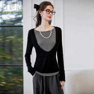 T恤女BY20033 气质简约圆领长袖 白鹿语撞色拼接假两件上衣2025春季 款