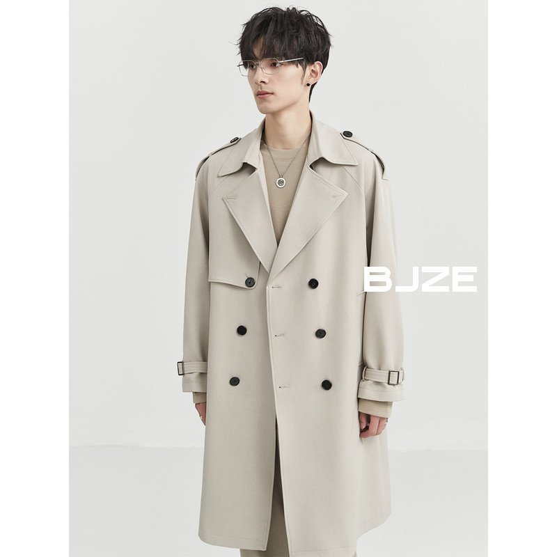 BJZE男装2024春季新款高级设计感风衣中长款双排扣韩版西装领外套