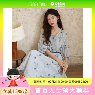 谜秀秋蓝色重工刺绣洋装七分灯笼袖流苏系绳赠皮带长裙