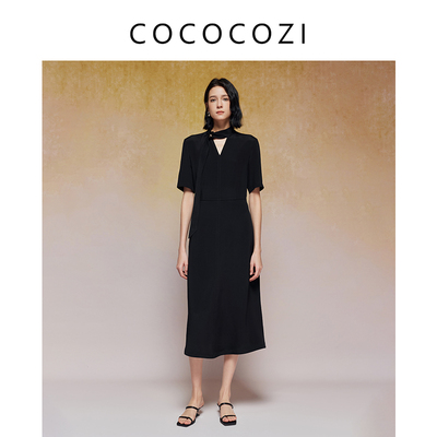 COCOCOZI优雅黑色短袖V领收腰纯色连衣裙气质裙子女241CO034L