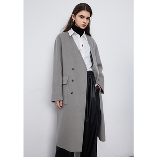 Basic 百家好赫本风羊毛大衣v领双面毛呢外套 House