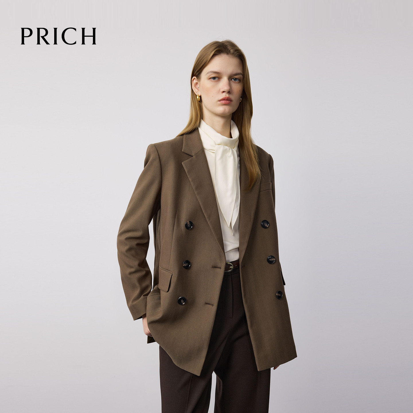 PRICH时尚羊毛高智双排扣平驳领西装2025冬新品通勤中长款外套女PRJKF4902M