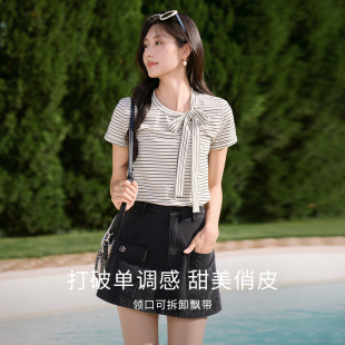 香影航海系黑白条纹t恤女短袖2025新款夏日巨好看设计感正肩上衣