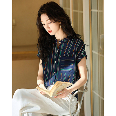 dme德玛纳【75D加捻纱衬衫】2025夏新短袖条纹印花衬衣女装上衣G540221220202
