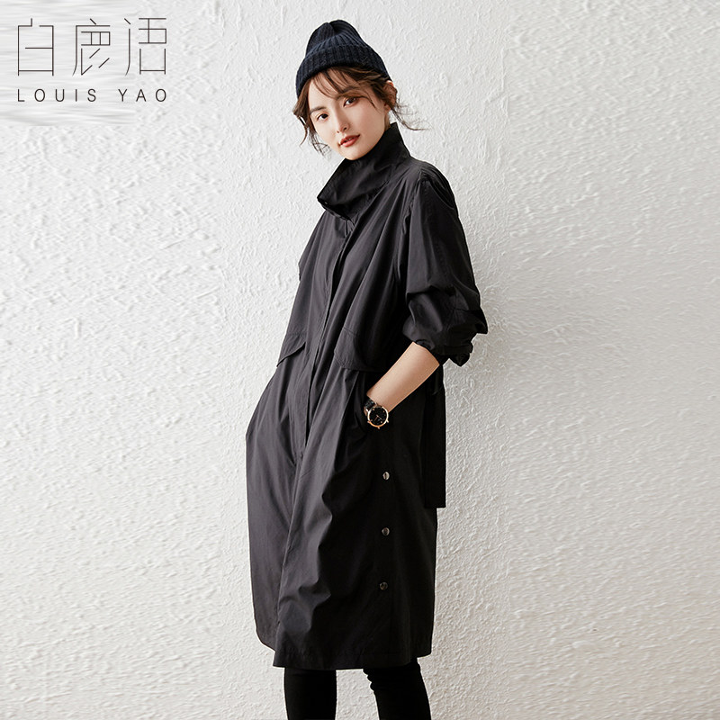 白鹿语气质系带立领外套秋款黑色简约时尚宽松休闲中长款风衣女HL20054
