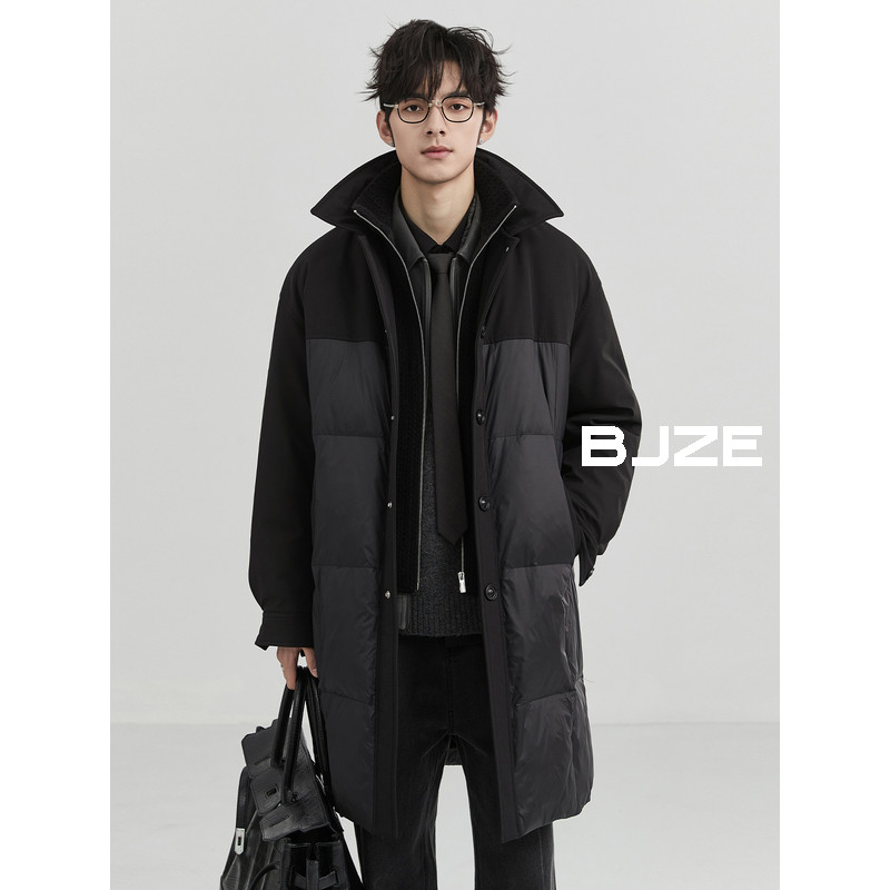 BJZE男装24冬季高级感假两件羽绒服男中长款鸭绒保暖风衣加厚外套