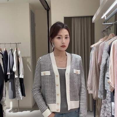 [100%绵羊毛]TKY SHOP小香风撞色条纹针织开衫秋精致优雅外套