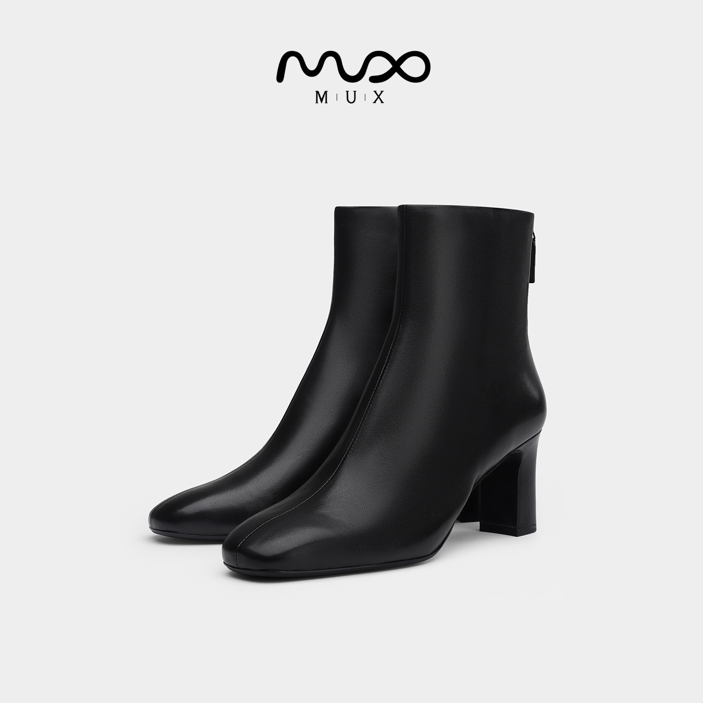 MUX/迈思2025秋冬简约纯色羊皮粗跟时装靴专柜同款后拉链短靴女82201