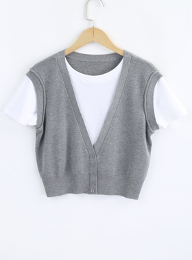 本涩女士时尚套装深V拼接假两件套F0628A03