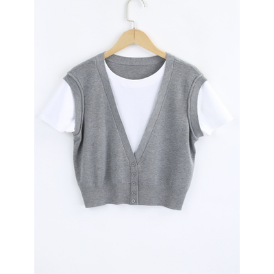 本涩女士时尚套装深V拼接假两件套F0628A03