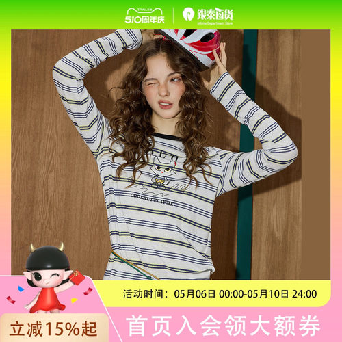 coolhut美式复古卡通印花条纹撞色圆领长袖休闲2025夏季女式T恤