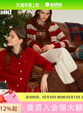 Eland衣恋 针织衫女复古短款圆领撞色开衫