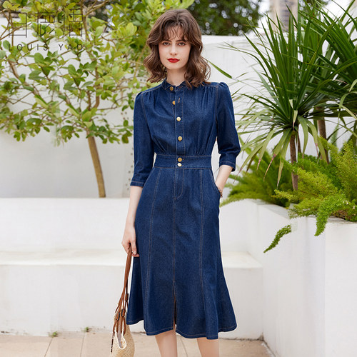 白鹿语立体小翻领鱼尾摆长裙春秋款复古质感七分袖牛仔修身连衣裙HL20089